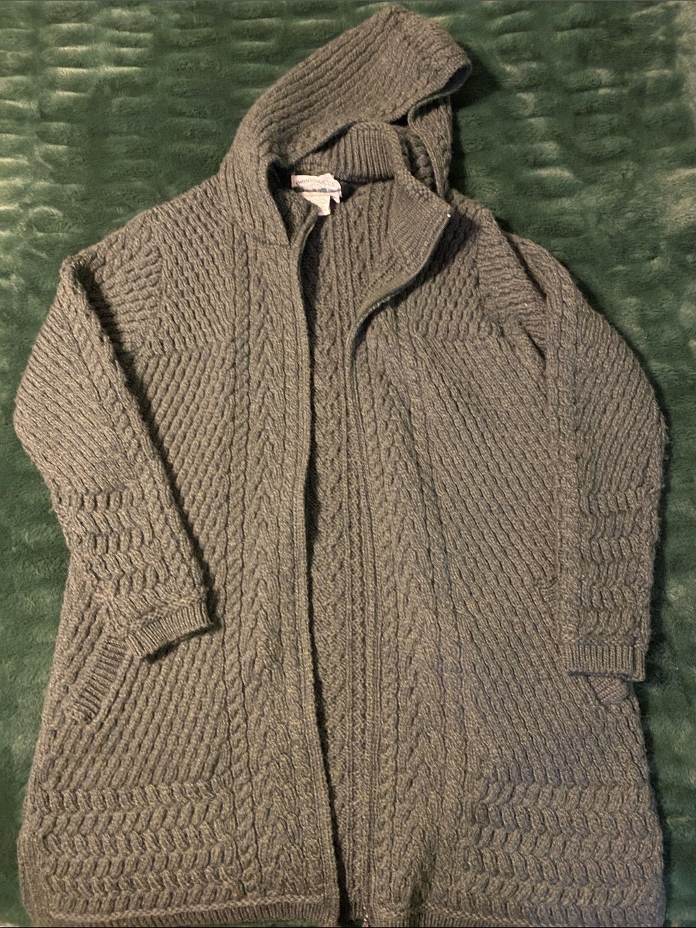 Aran Crafts Women's Hooded Cable Knit Zip Cardigan - Green